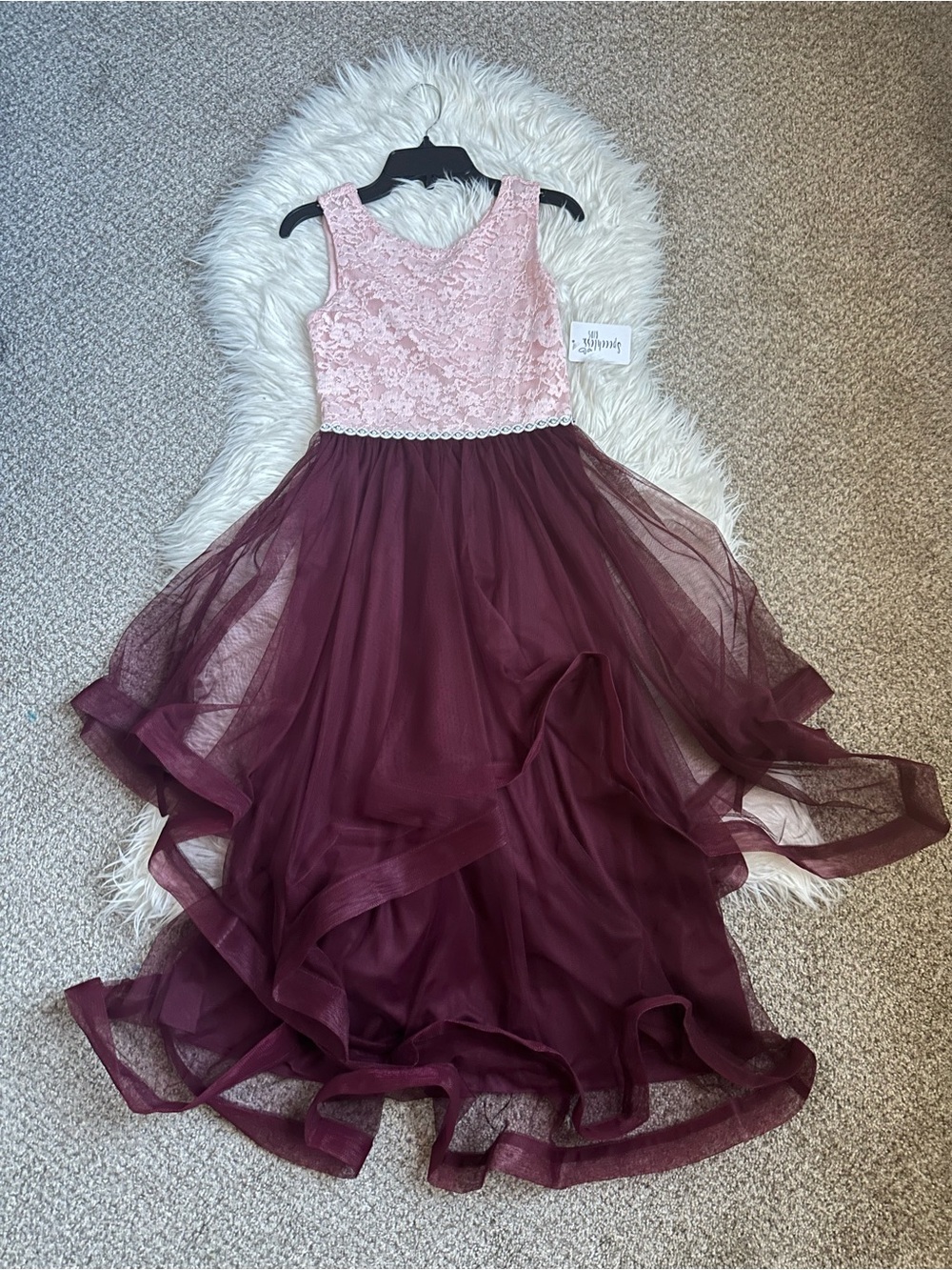 Speechless Pink Lace Bodice with Burgundy Tulle High-Low Dress